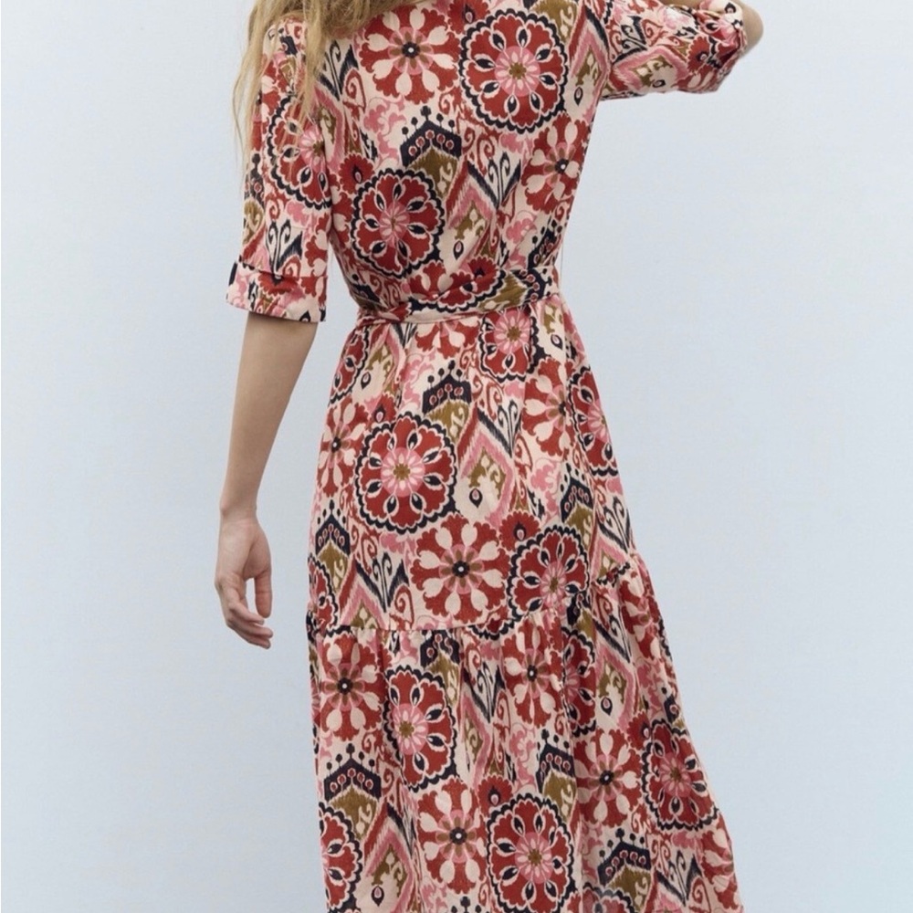 Zara Floral Red and Pink Belted Midi Dress SzL